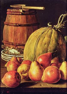 Still Life with Pears, Melon and Barrel for Marinading